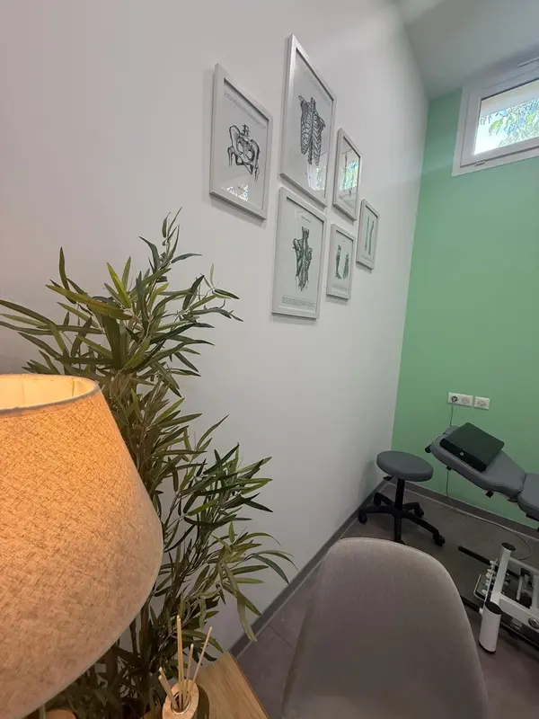 Décoration chaleureuse du cabinet avec une plante, 
                une lampe donnant une lumière douce et des cadres d'anatomie décoratifs.